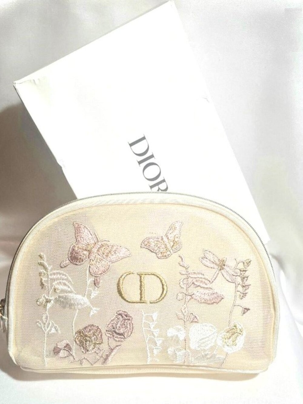 Dior Beige Embroidered Mesh Makeup Bag Case in original box Authentic & New